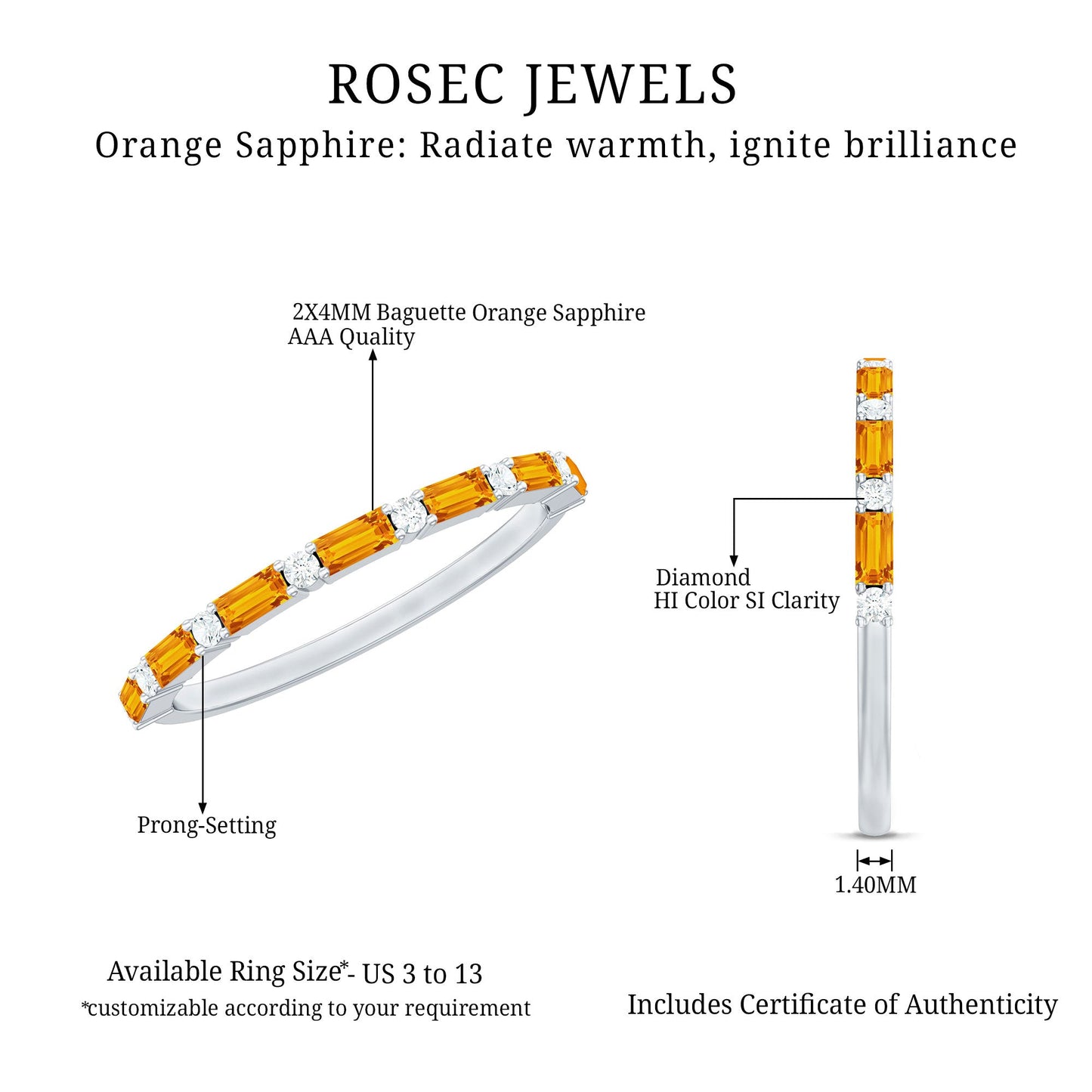 Lab Grown Orange Sapphire and Diamond Half Eternity Stackable Ring