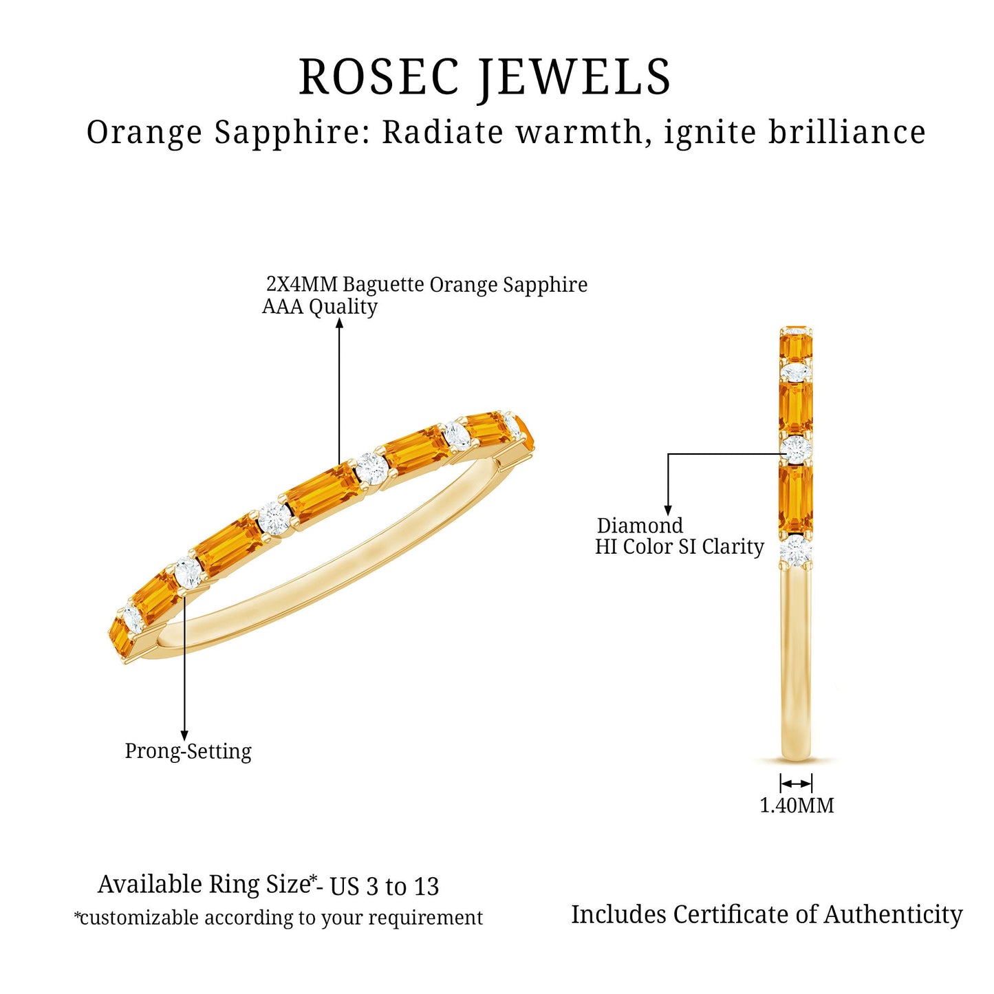 Lab Grown Orange Sapphire and Diamond Half Eternity Stackable Ring