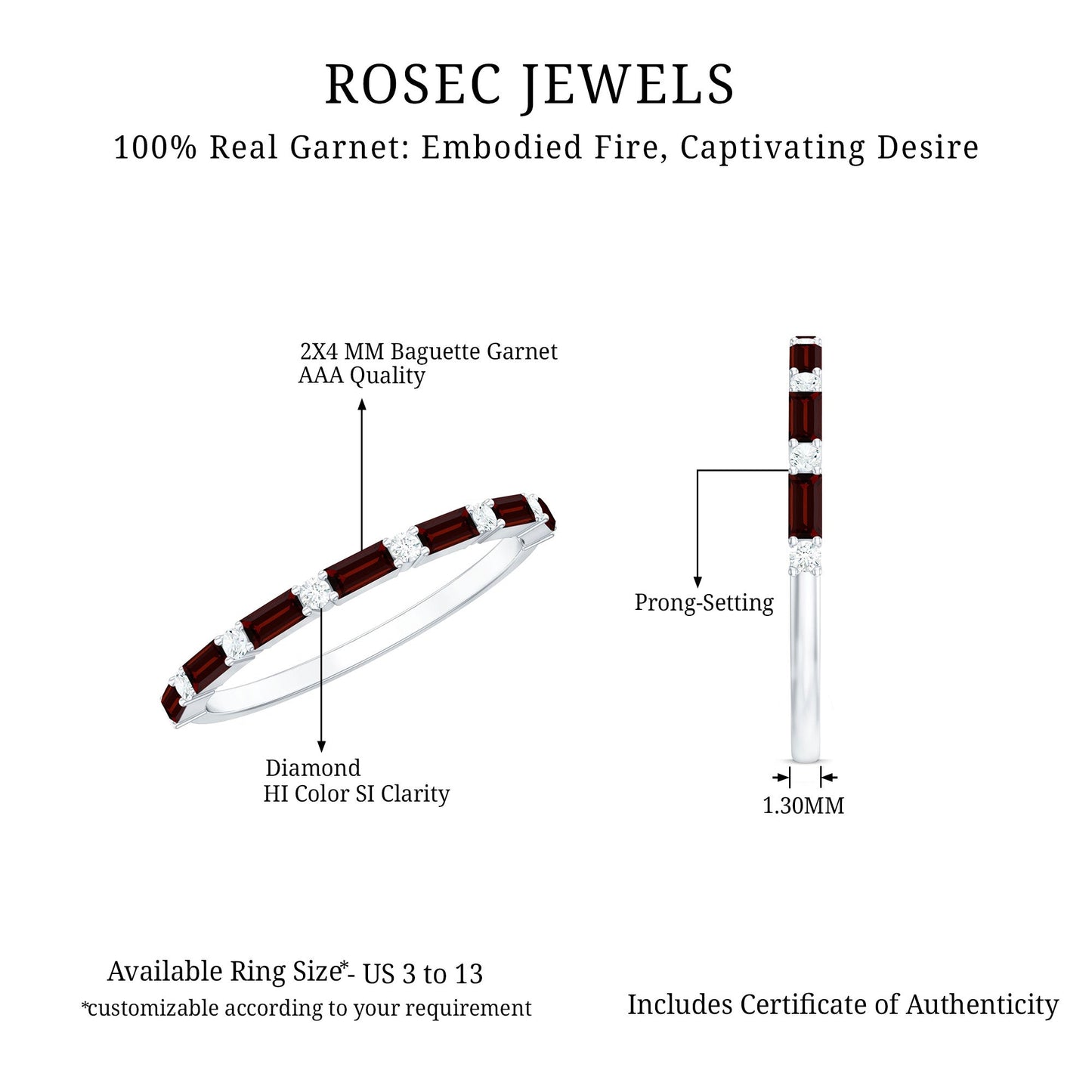 Natural Baguette Garnet Diamond Half Eternity Band With Certificate