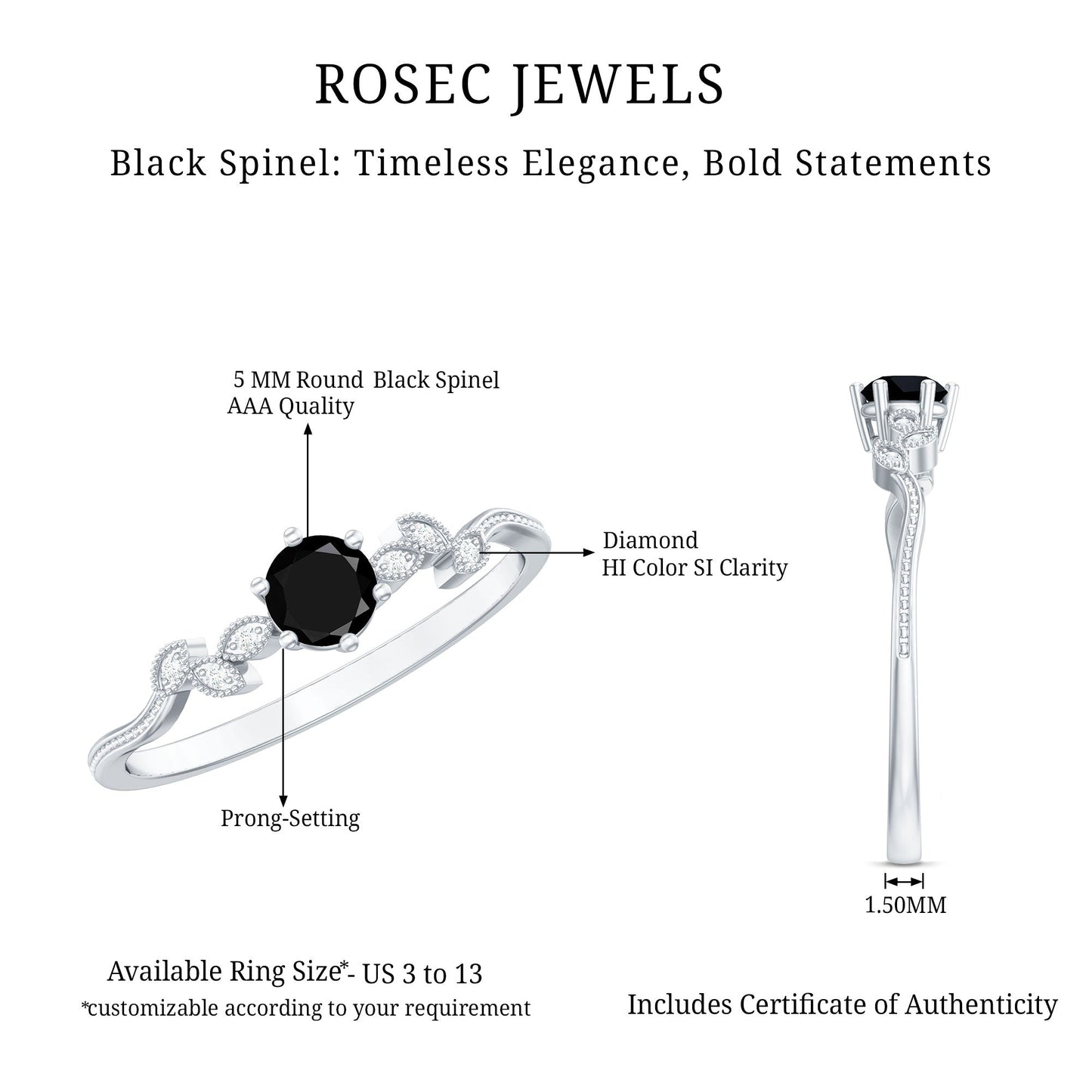 Nature Inspired Black Spinel Proposal Ring with Diamond