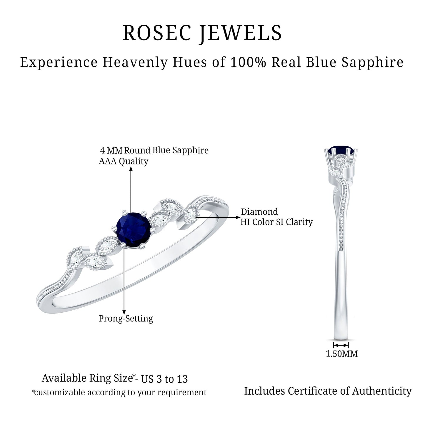 1/4 CT Blue Sapphire and Diamond Leaf Branch Promise Ring