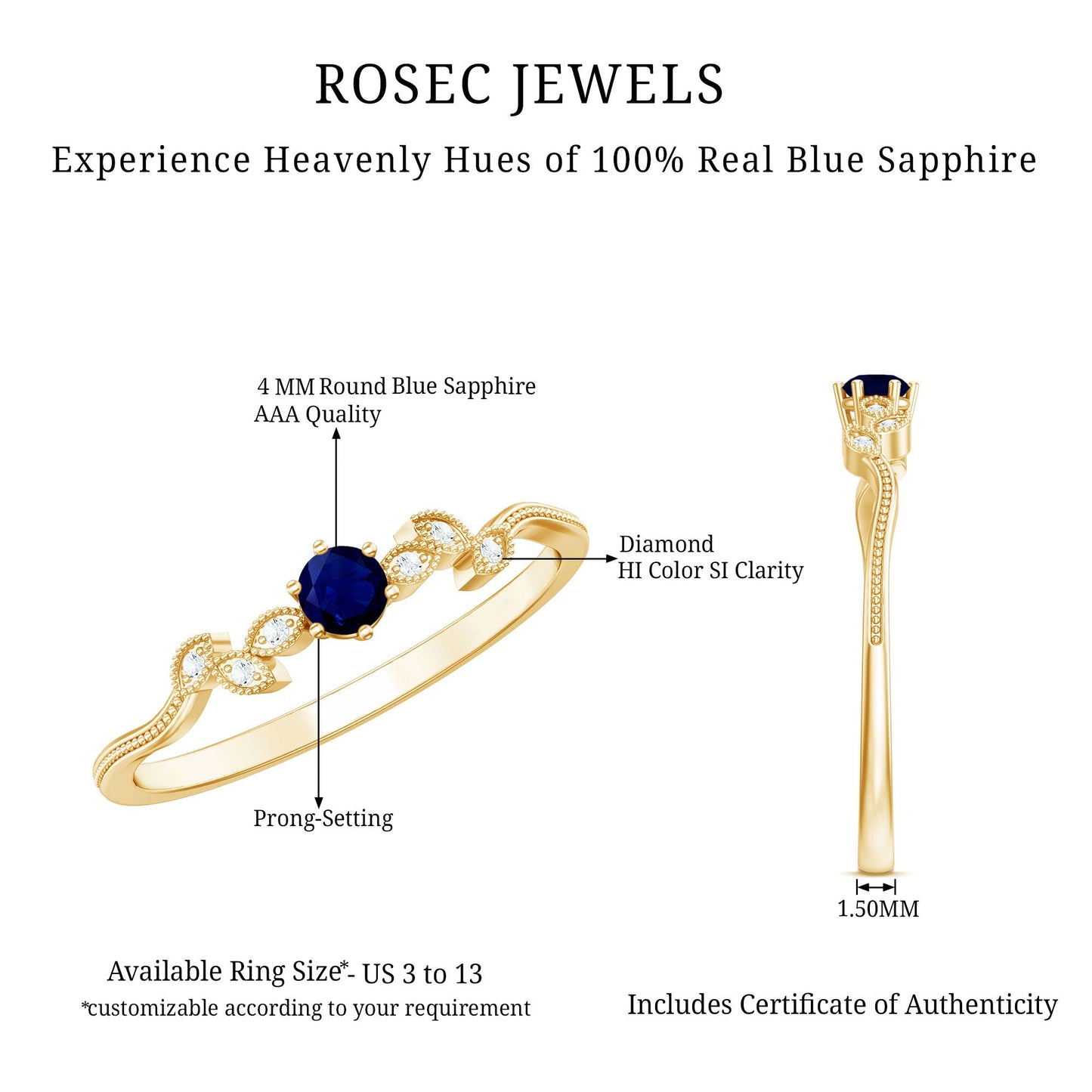 1/4 CT Blue Sapphire and Diamond Leaf Branch Promise Ring