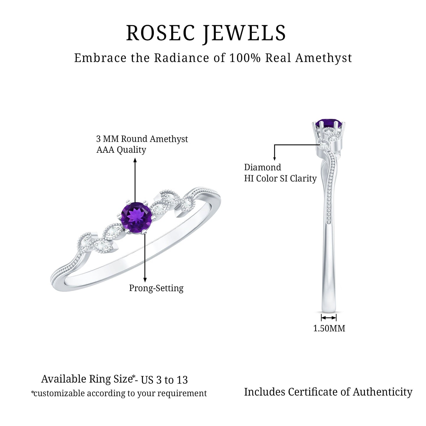 Amethyst and Diamond Leaf Branch Promise Ring