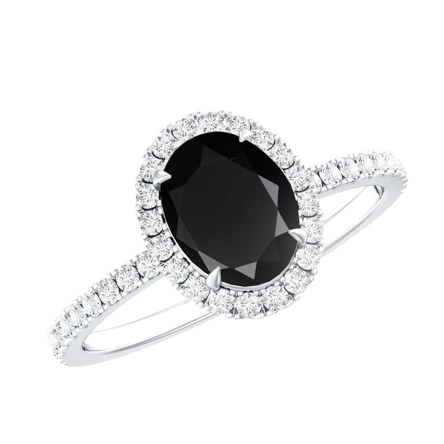 6X8MM Oval Black Onyx and Diamond Halo Engagement Ring