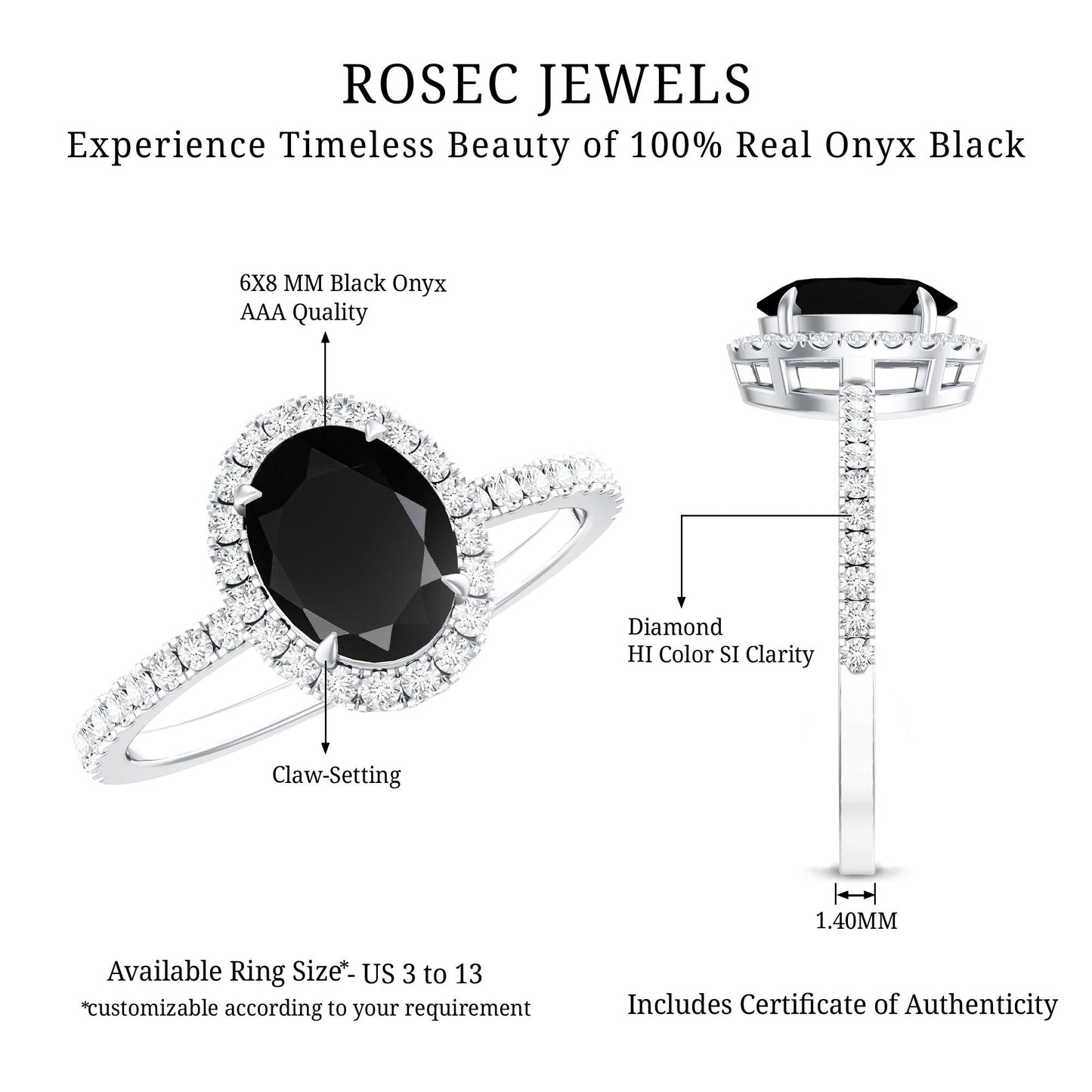 6X8MM Oval Black Onyx and Diamond Halo Engagement Ring
