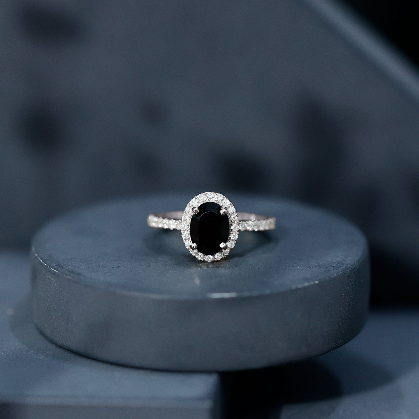6X8MM Oval Black Onyx and Diamond Halo Engagement Ring