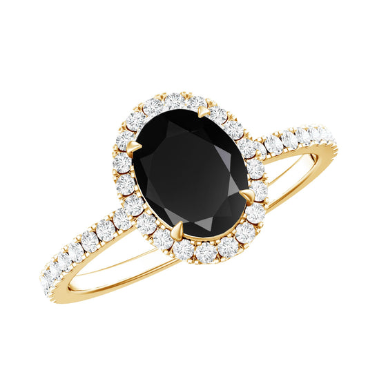 6X8MM Oval Black Onyx and Diamond Halo Engagement Ring