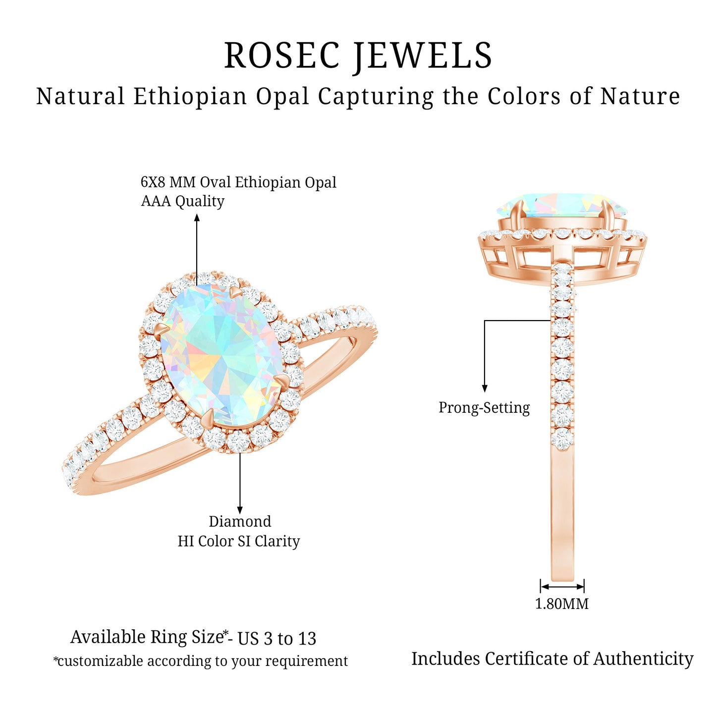 Certified Real 6X8mm Ethiopian Opal Oval Engagement Ring with Diamond Halo