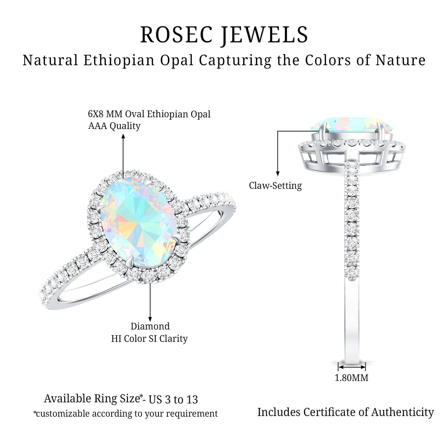 Certified Real 6X8mm Ethiopian Opal Oval Engagement Ring with Diamond Halo