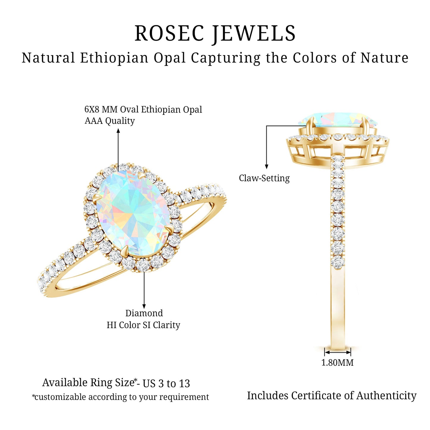 Certified Real 6X8mm Ethiopian Opal Oval Engagement Ring with Diamond Halo