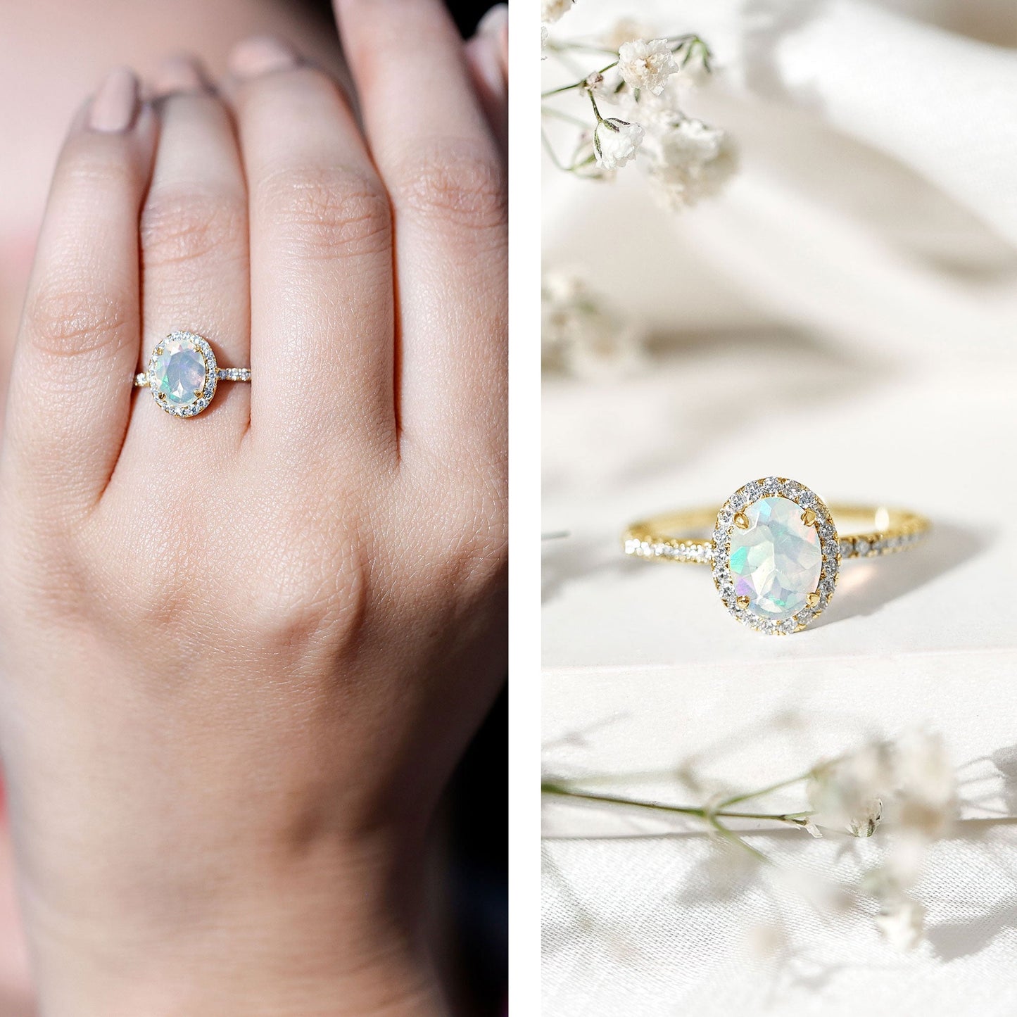 Certified Real 6X8mm Ethiopian Opal Oval Engagement Ring with Diamond Halo