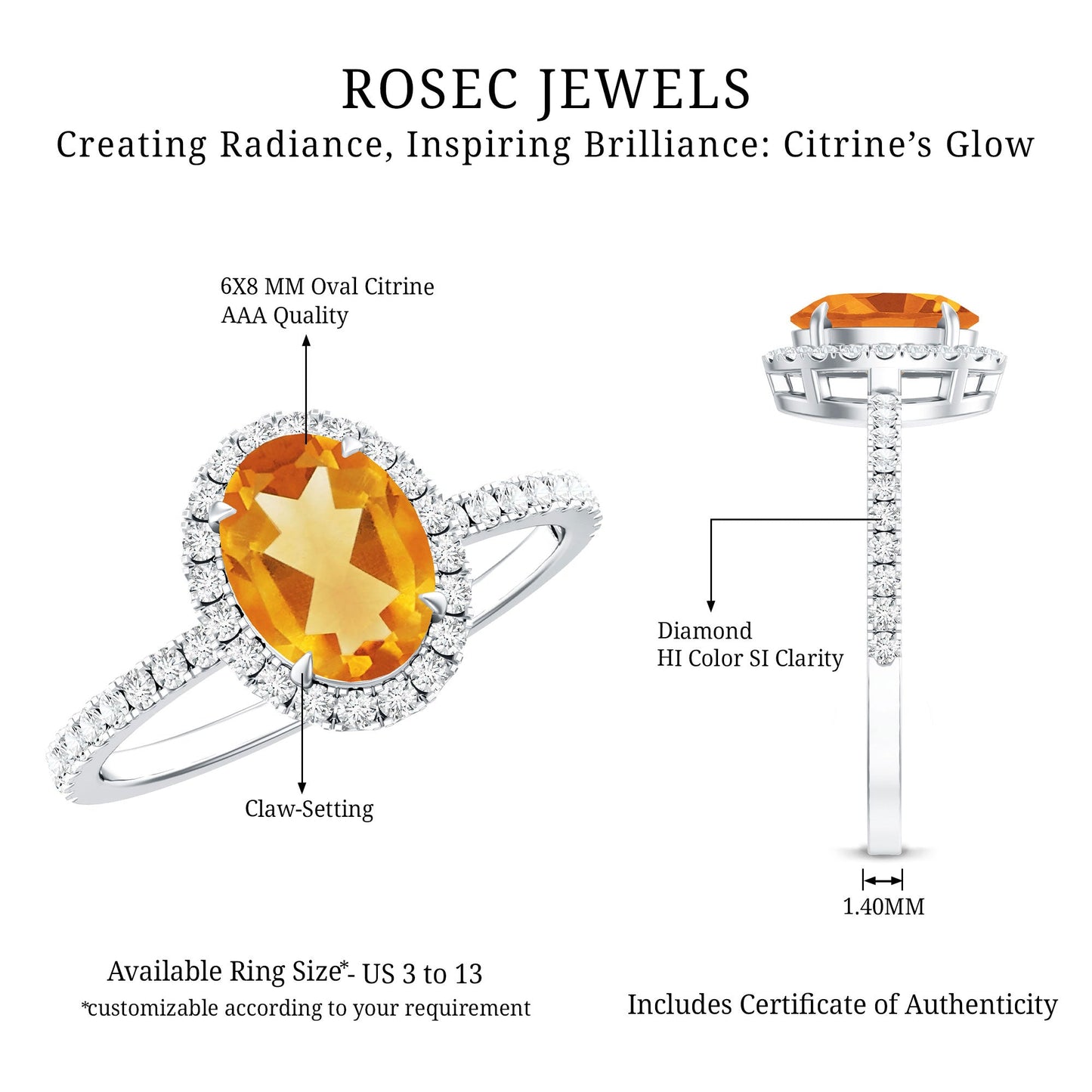 Certified Real 6X8mm Citrine Oval Engagement Ring with Diamond Halo