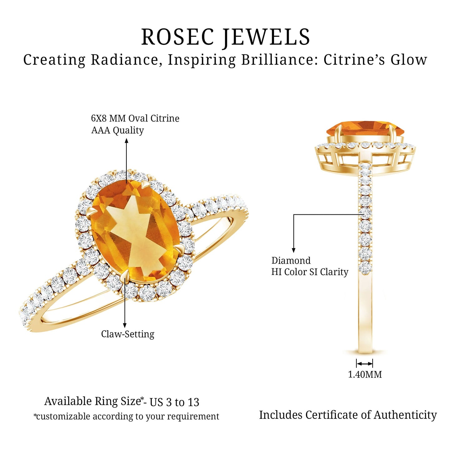 Certified Real 6X8mm Citrine Oval Engagement Ring with Diamond Halo