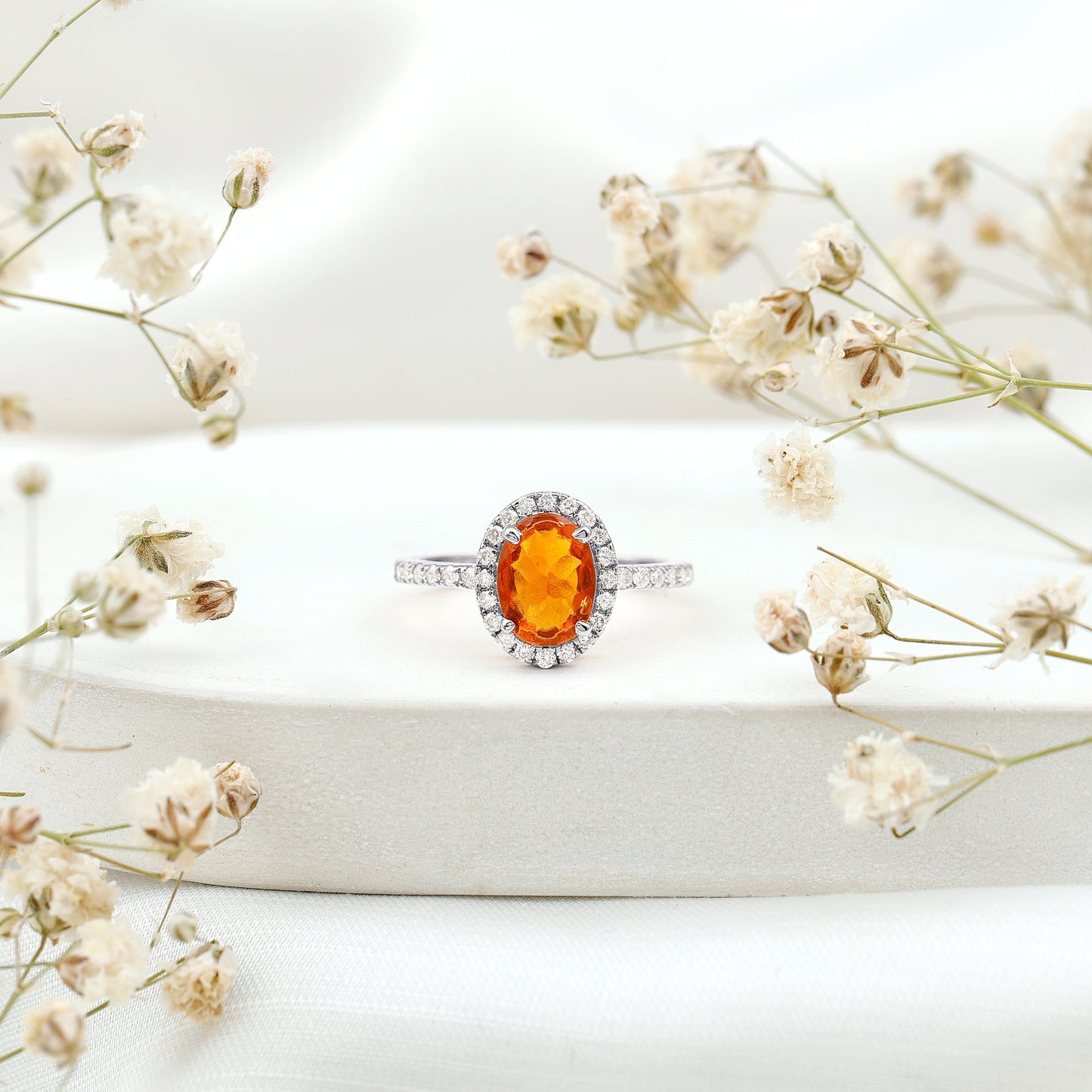Oval 6X8MM Fire Opal Engagement Ring with Diamond Halo
