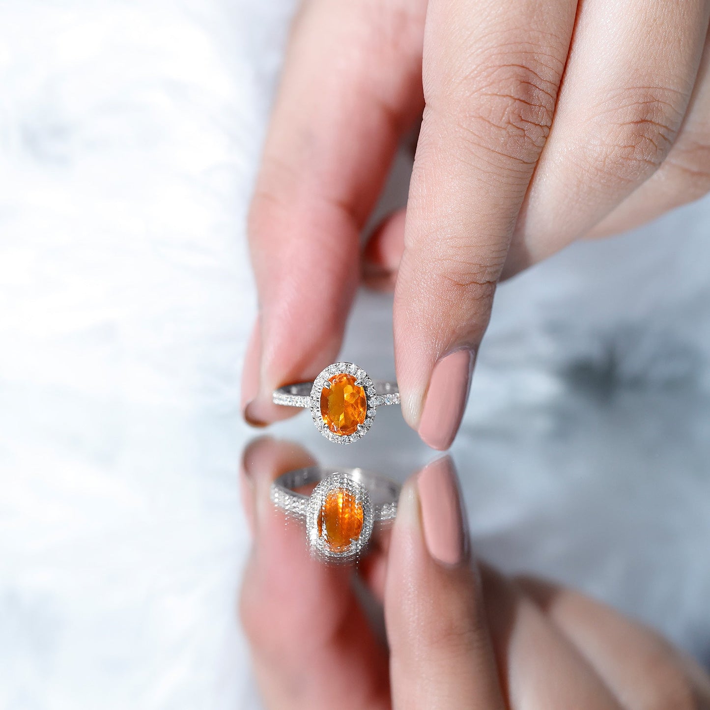 Oval 6X8MM Fire Opal Engagement Ring with Diamond Halo