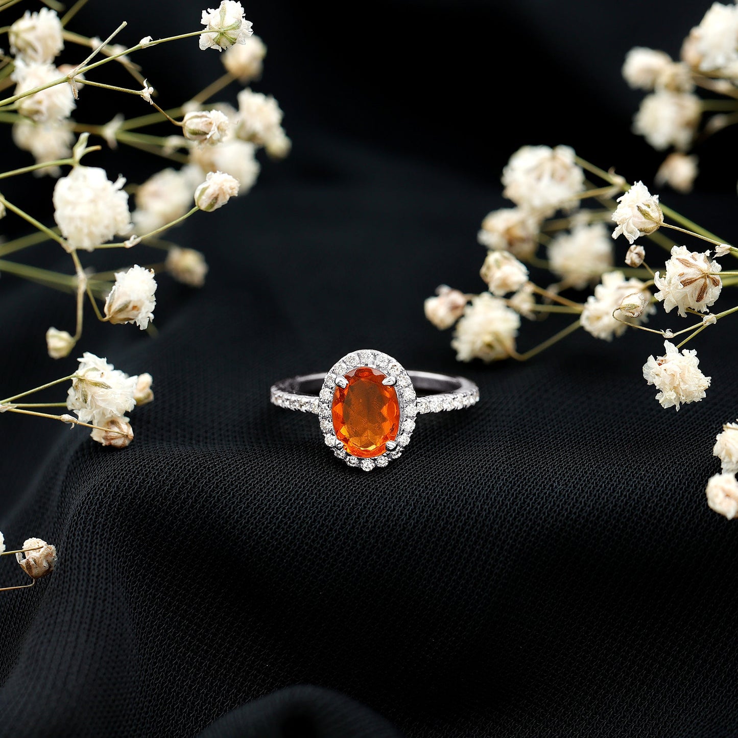 Oval 6X8MM Fire Opal Engagement Ring with Diamond Halo