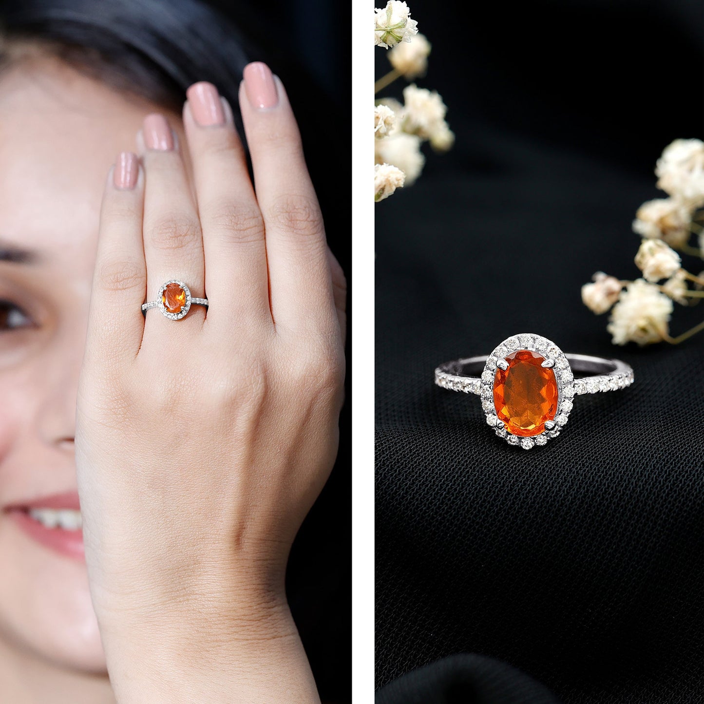 Oval 6X8MM Fire Opal Engagement Ring with Diamond Halo