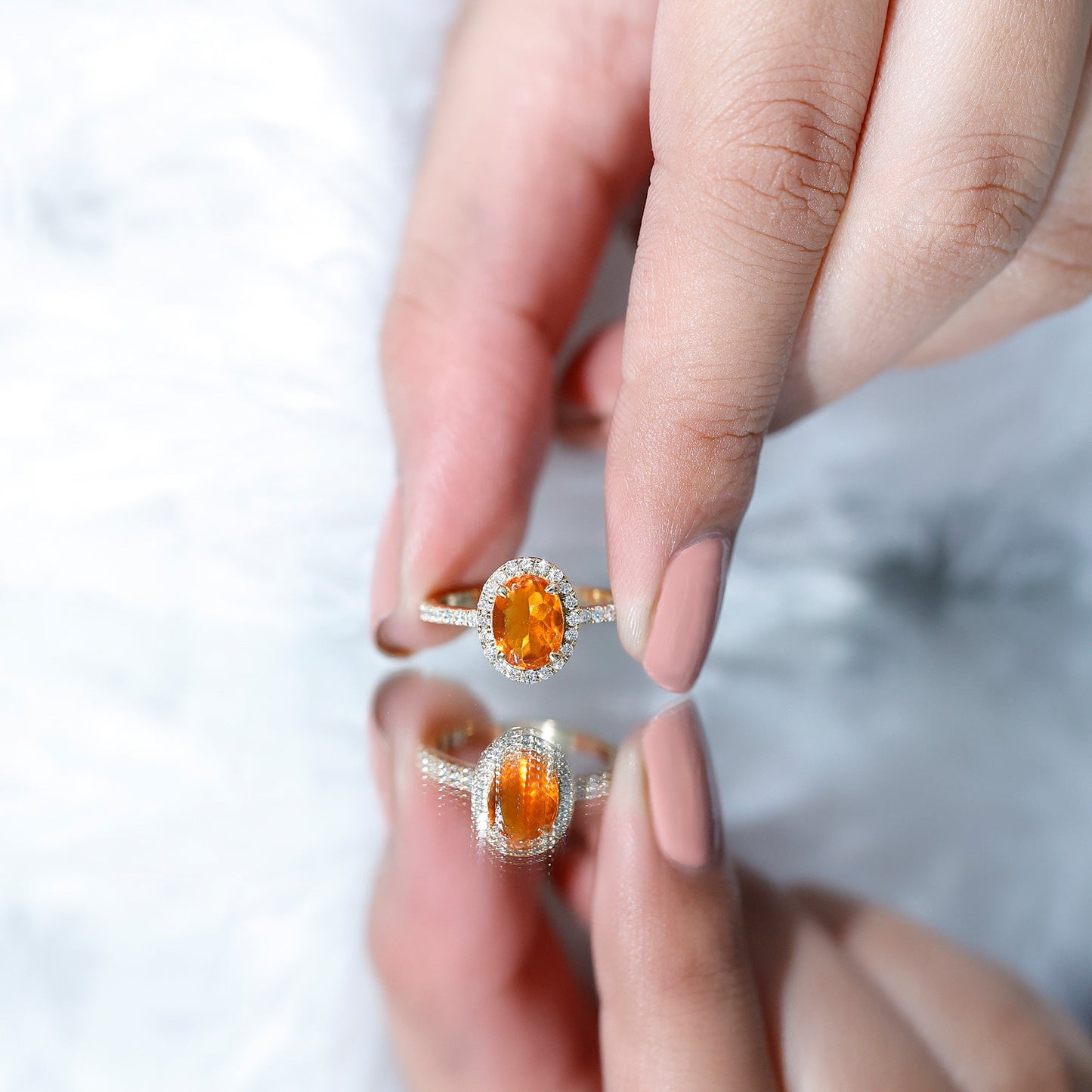 Oval 6X8MM Fire Opal Engagement Ring with Diamond Halo