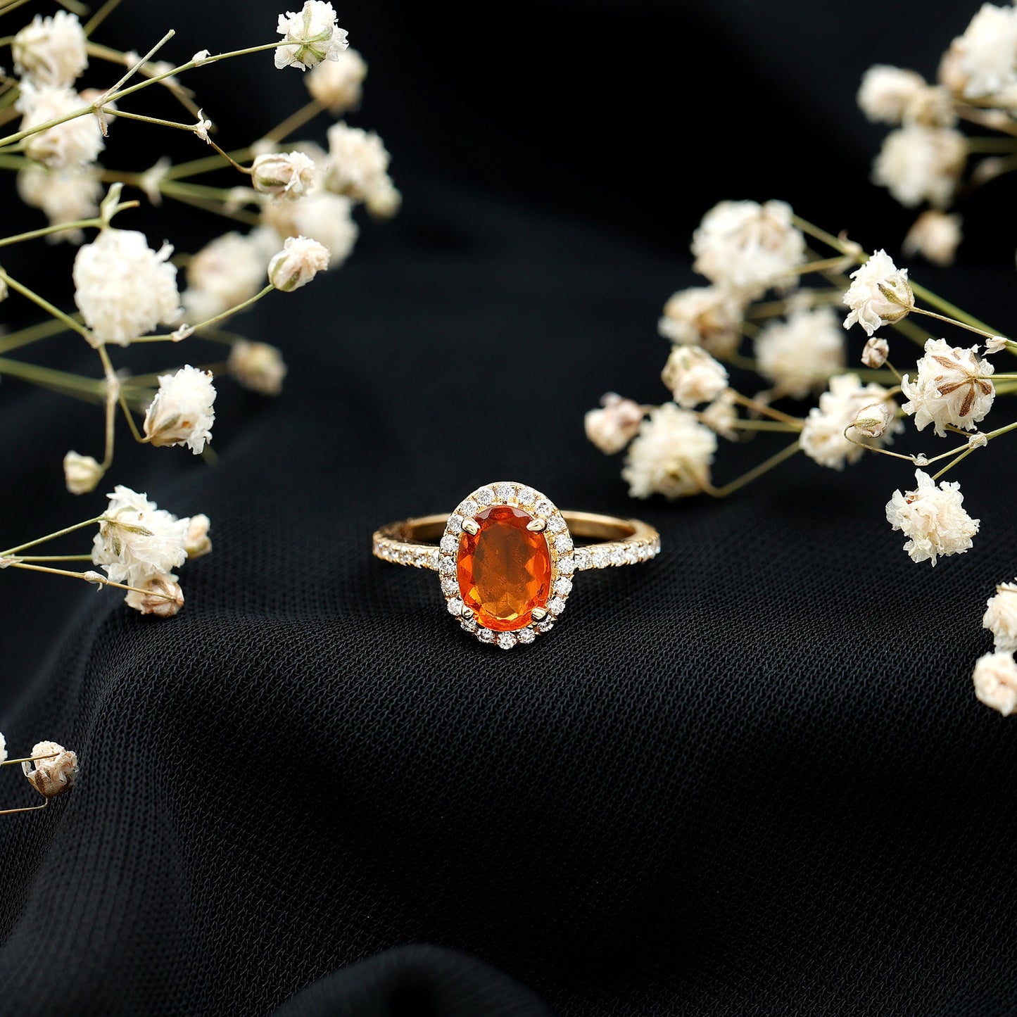 Oval 6X8MM Fire Opal Engagement Ring with Diamond Halo