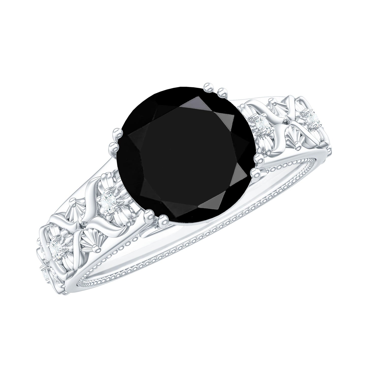 8mm Round Black Onyx Solitaire Antique Looking Engagement Ring with Diamond