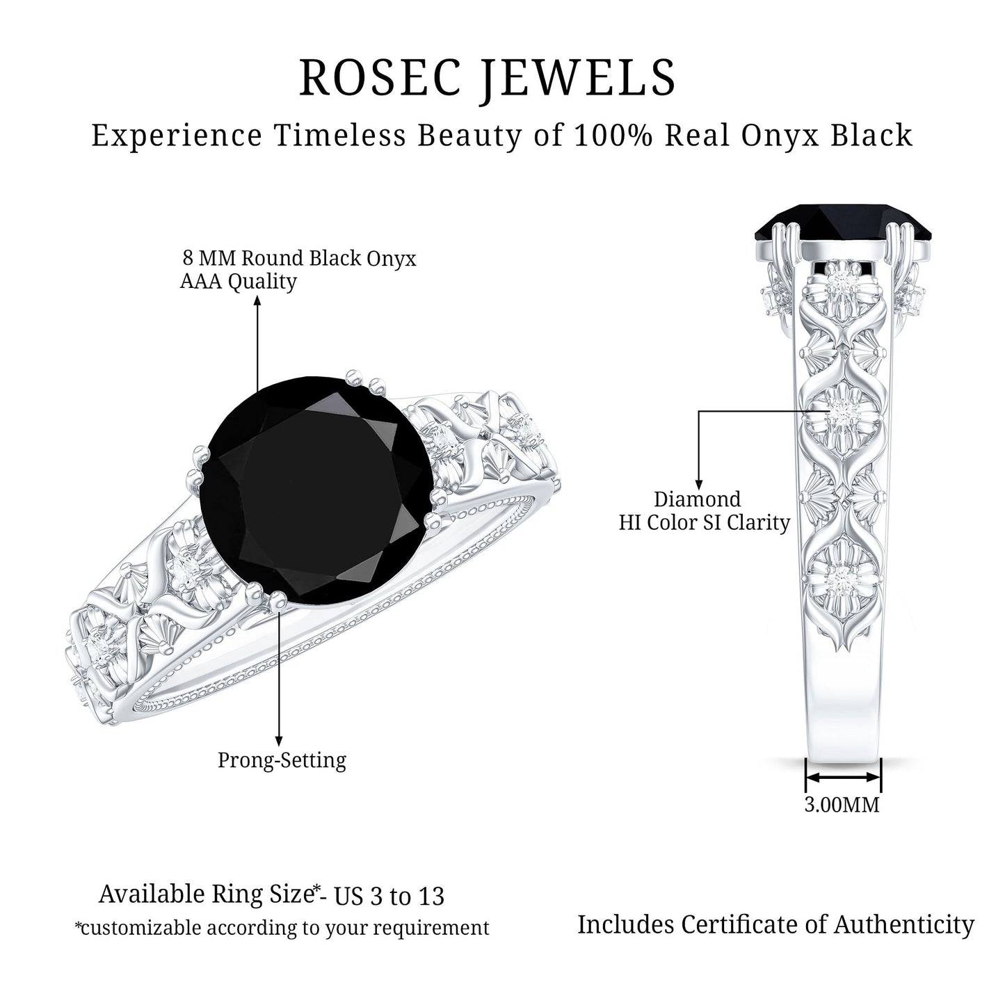8mm Round Black Onyx Solitaire Antique Looking Engagement Ring with Diamond