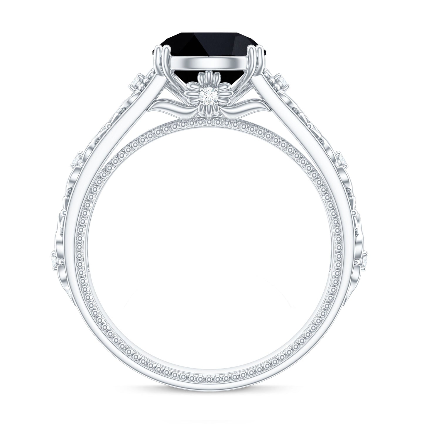 8mm Round Black Onyx Solitaire Antique Looking Engagement Ring with Diamond