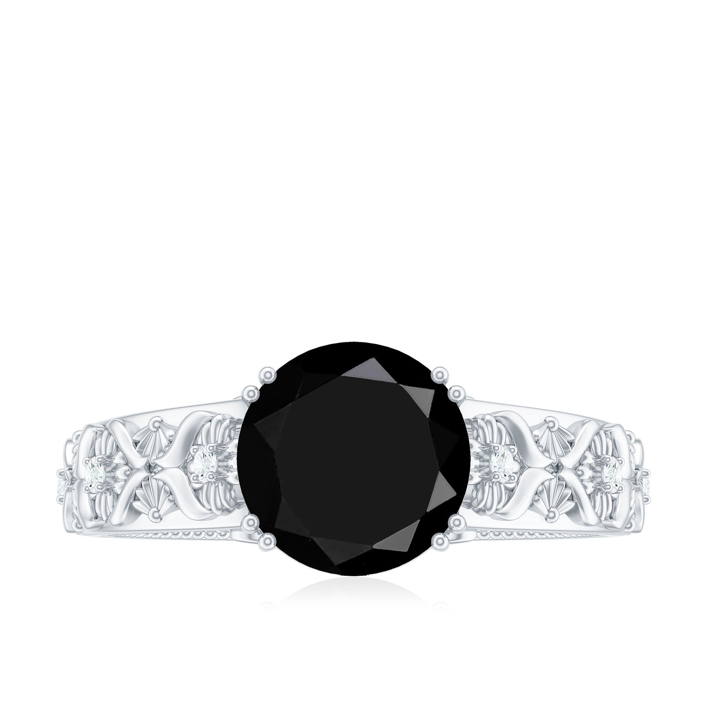 8mm Round Black Onyx Solitaire Antique Looking Engagement Ring with Diamond