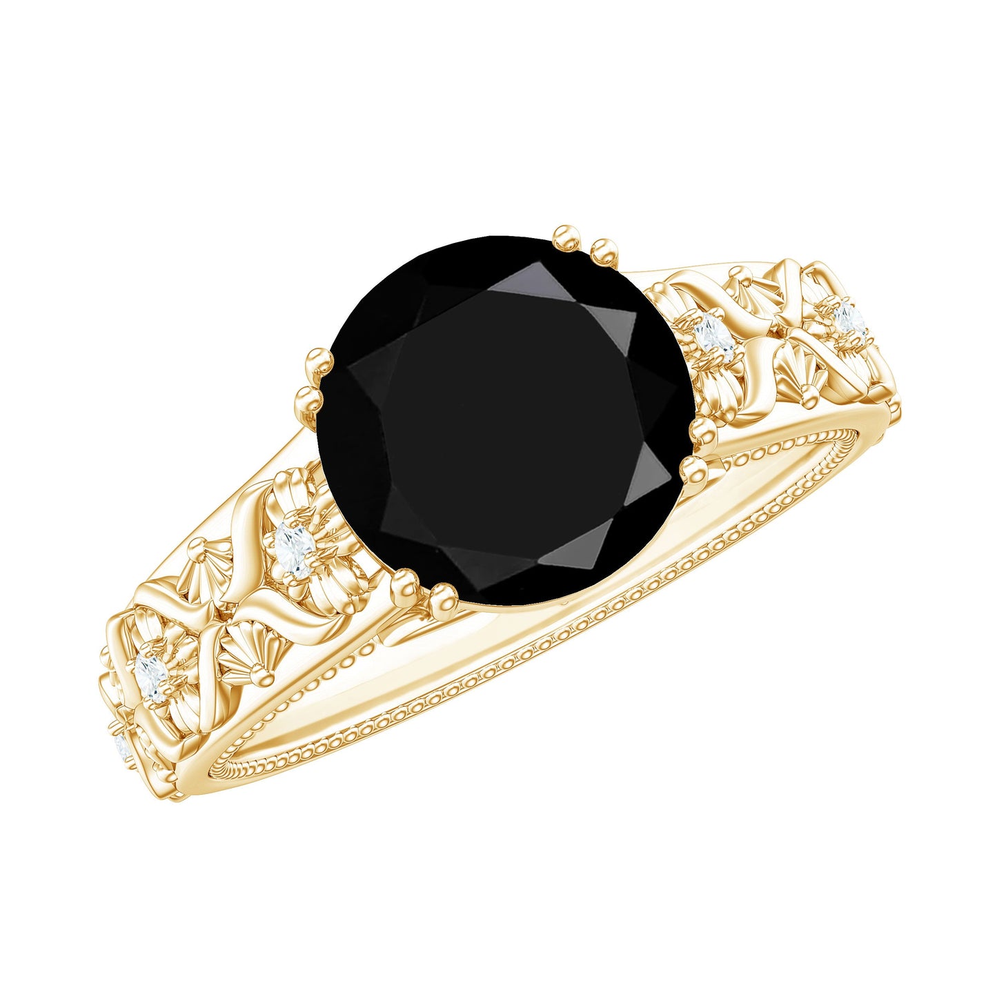8mm Round Black Onyx Solitaire Antique Looking Engagement Ring with Diamond