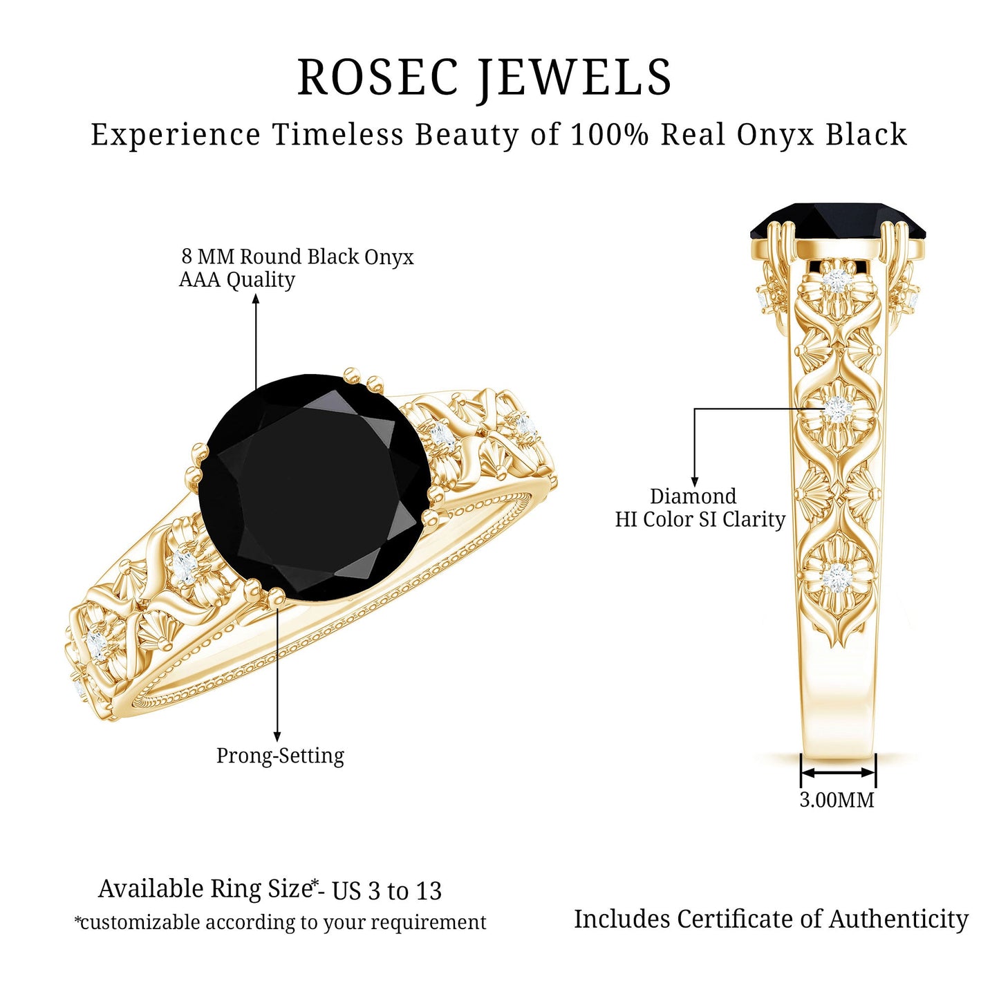 8mm Round Black Onyx Solitaire Antique Looking Engagement Ring with Diamond