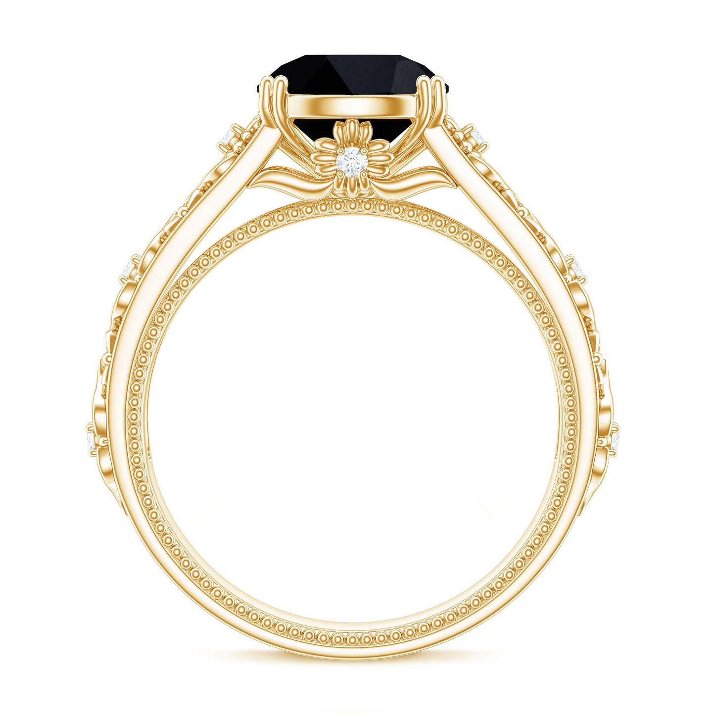 8mm Round Black Onyx Solitaire Antique Looking Engagement Ring with Diamond