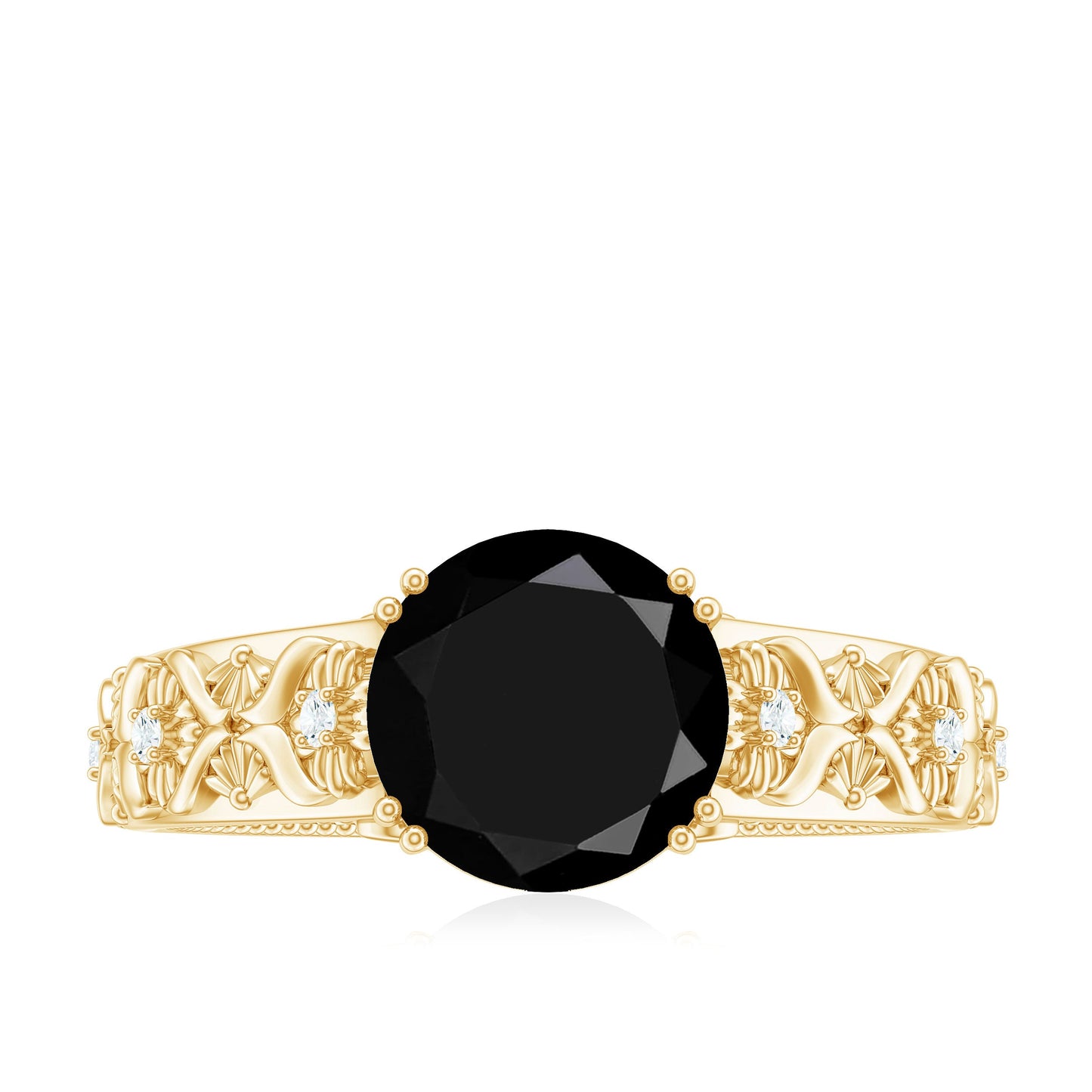 8mm Round Black Onyx Solitaire Antique Looking Engagement Ring with Diamond