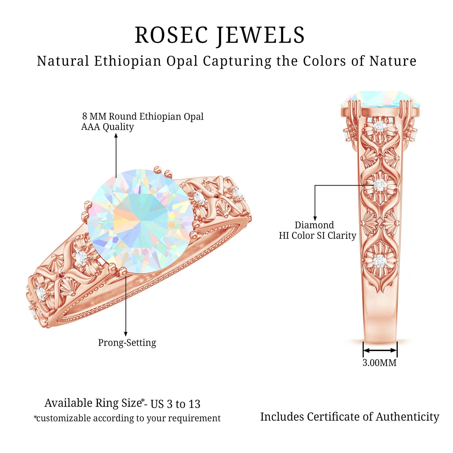 Nature Inspired 8mm Ethiopian Opal Engagement Ring with Diamond