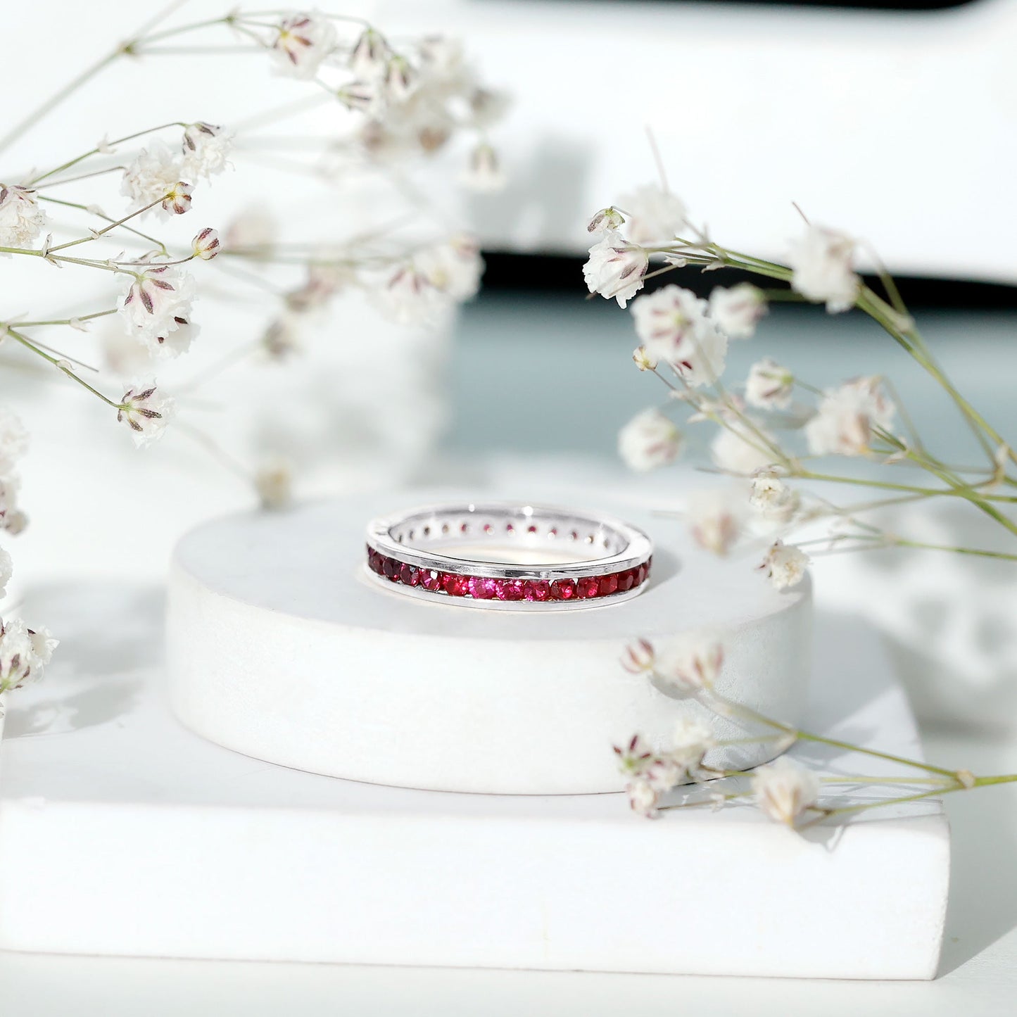 Channel Set Round Created Ruby Eternity Band Ring