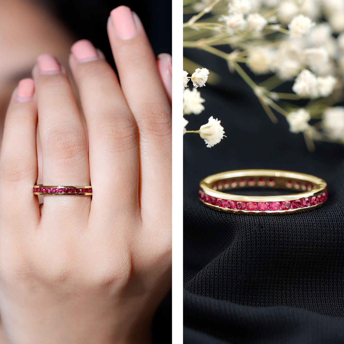 Channel Set Round Created Ruby Eternity Band Ring