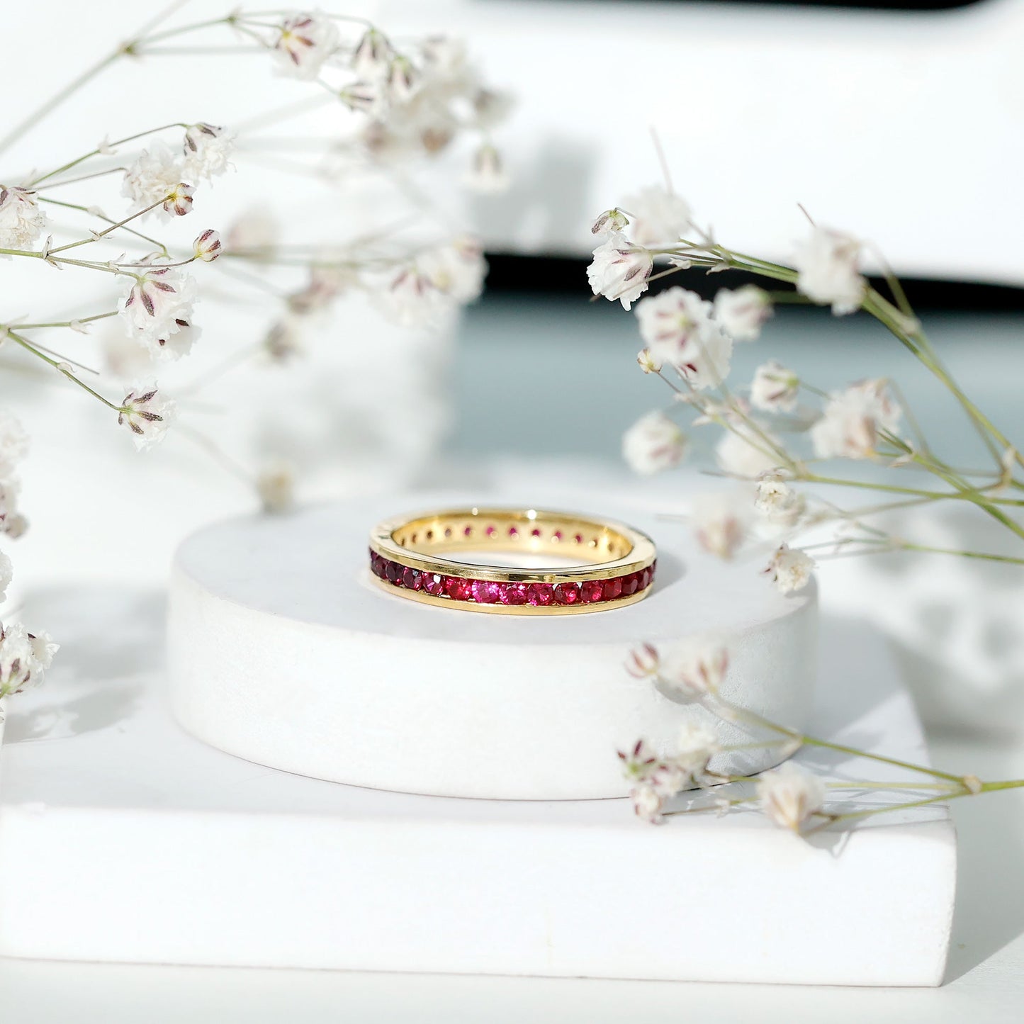 Channel Set Round Created Ruby Eternity Band Ring