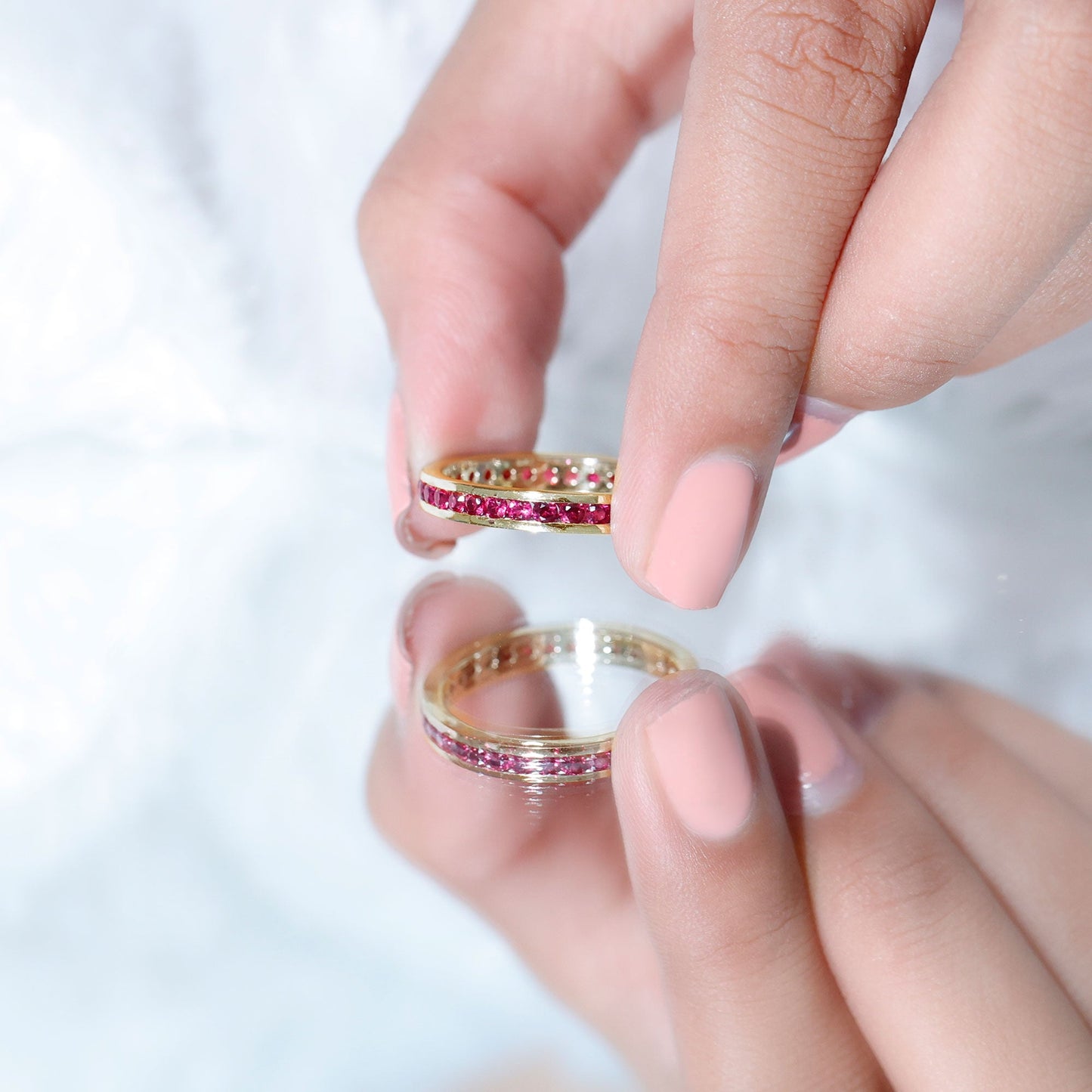 Channel Set Round Created Ruby Eternity Band Ring