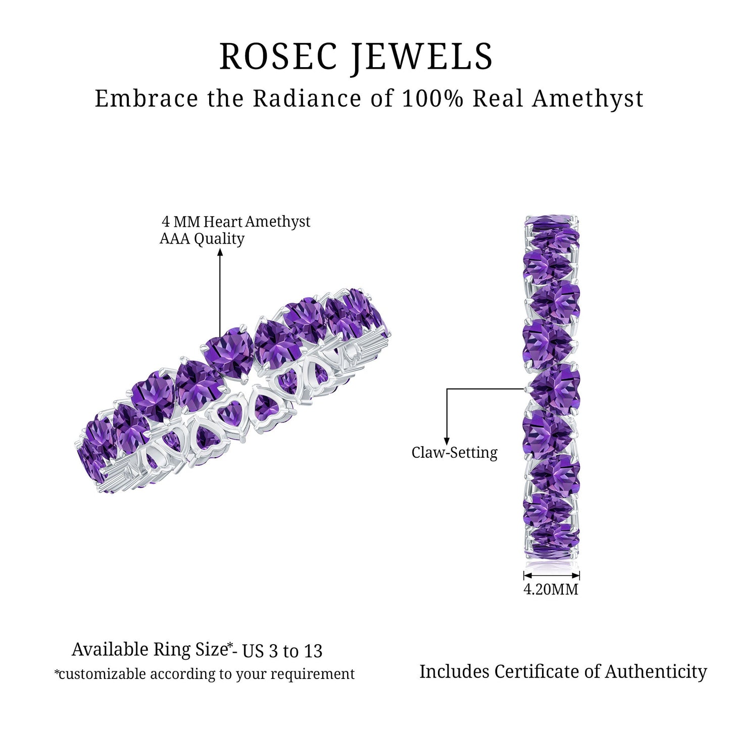 6 Carat February Birthstone Amethyst Heart Eternity Ring