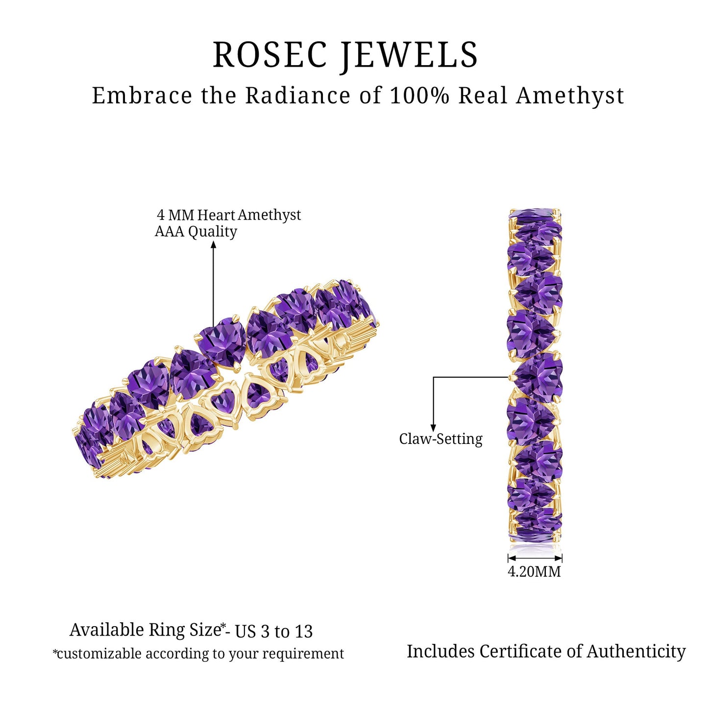 6 Carat February Birthstone Amethyst Heart Eternity Ring
