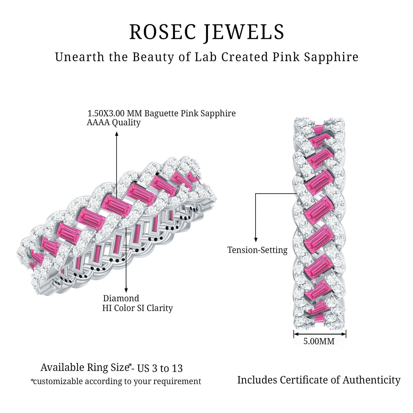 Baguette Lab Grown Pink Sapphire Eternity Band with Diamond