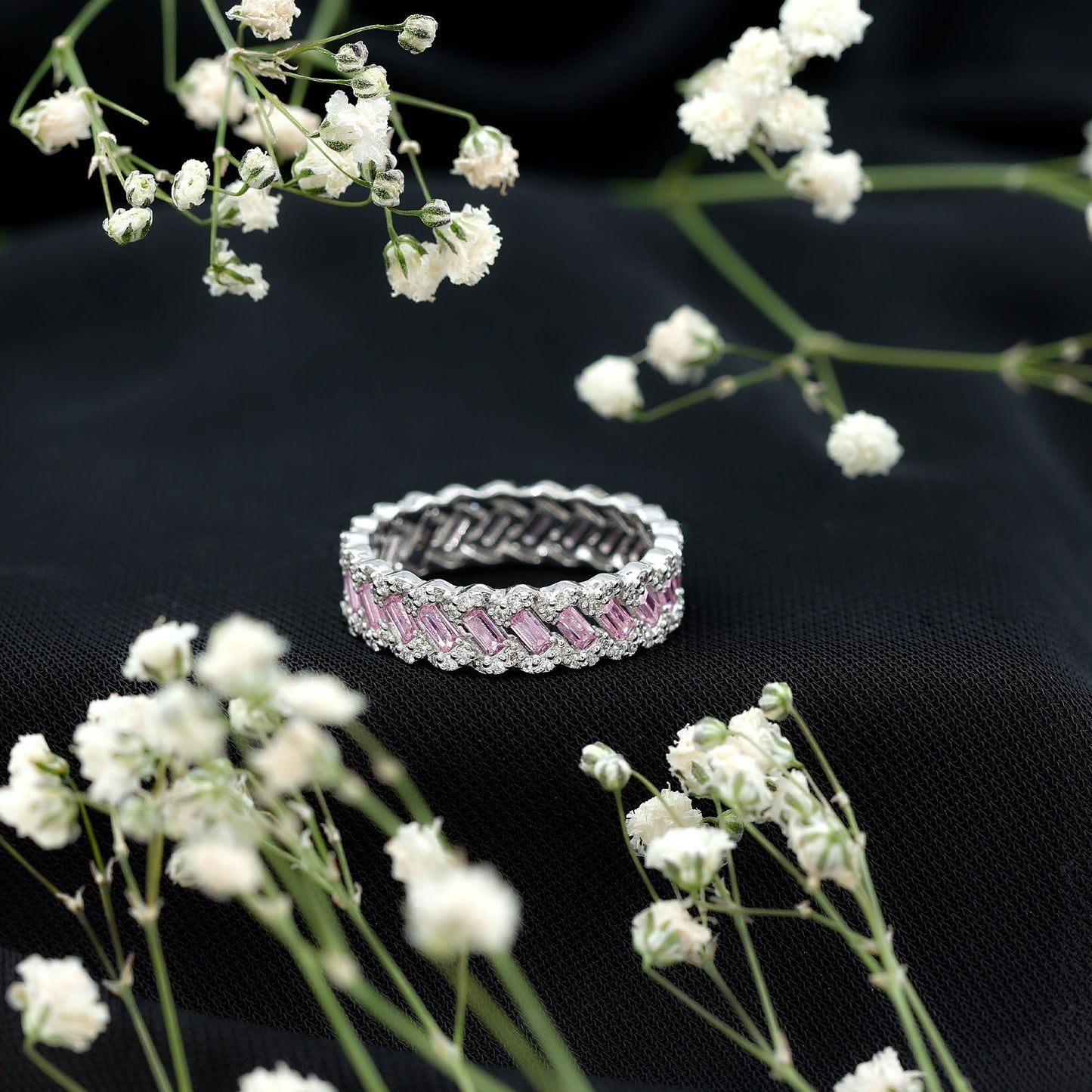 Baguette Lab Grown Pink Sapphire Eternity Band with Diamond
