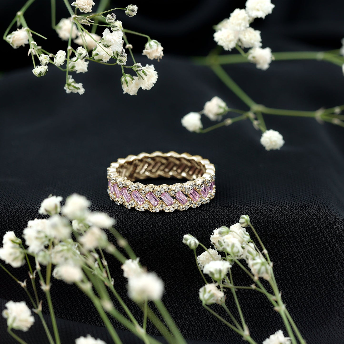 Baguette Lab Grown Pink Sapphire Eternity Band with Diamond