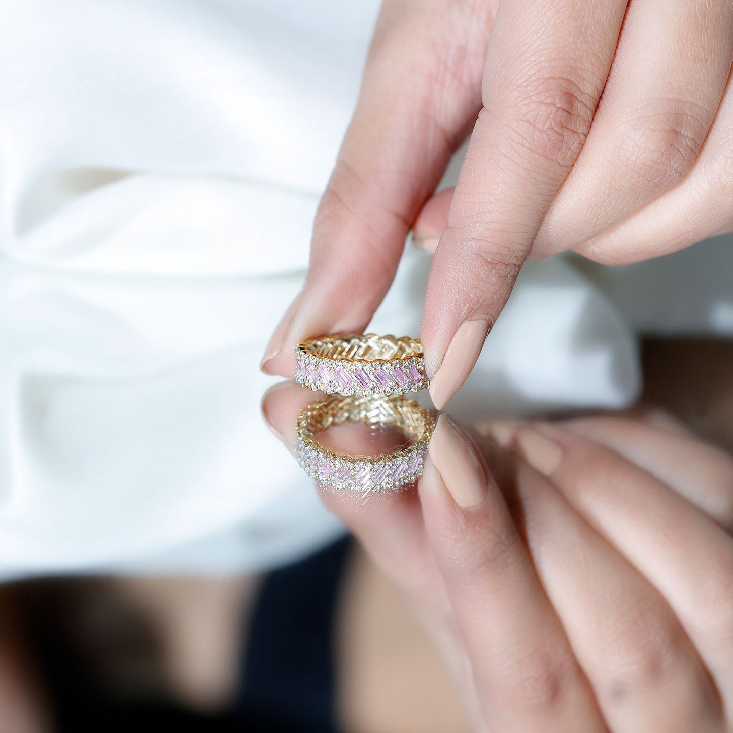 Baguette Lab Grown Pink Sapphire Eternity Band with Diamond