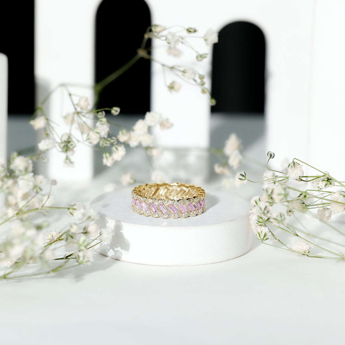Baguette Lab Grown Pink Sapphire Eternity Band with Diamond