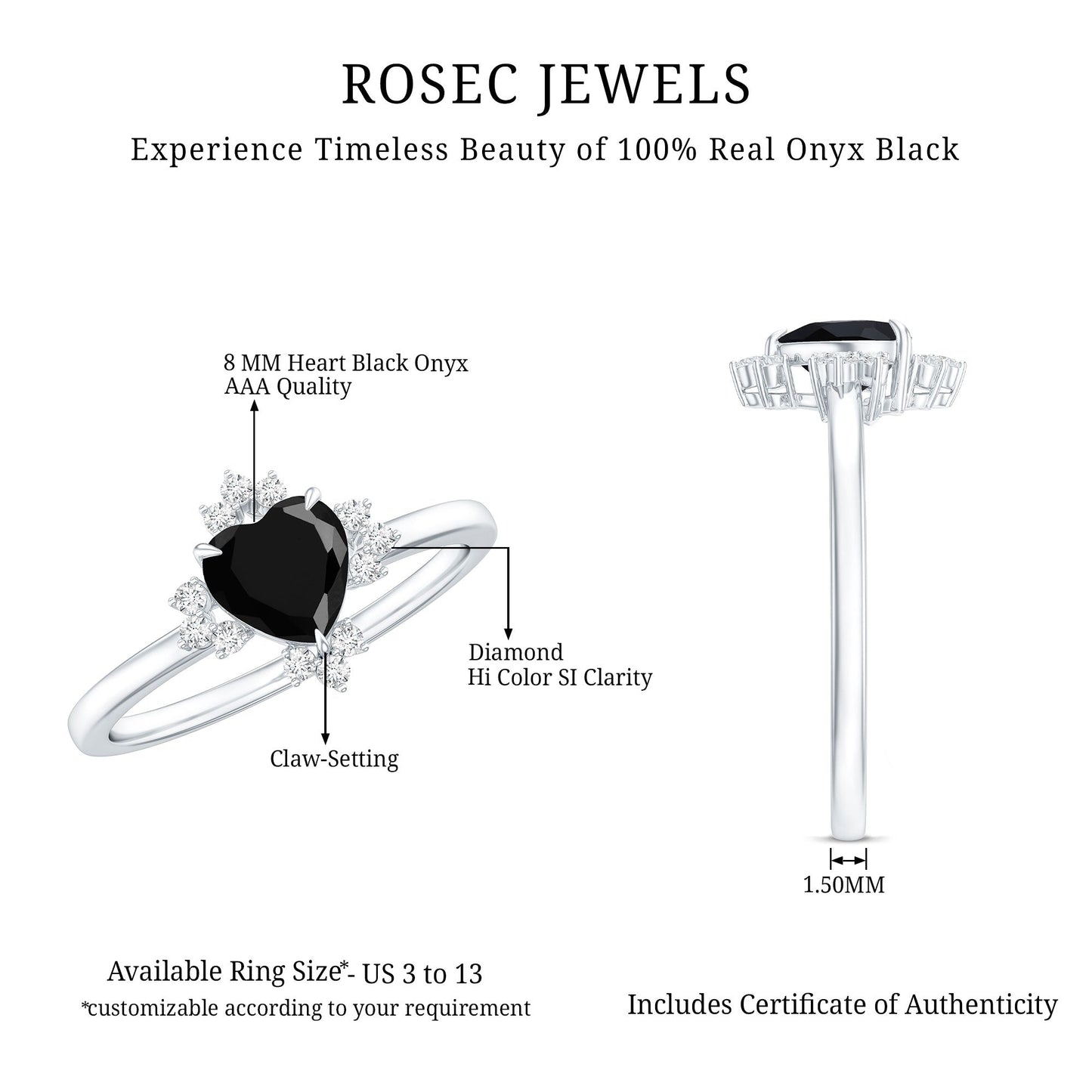 1 CT Heart Shape Black Onyx Solitaire Promise Ring with Diamond Accent