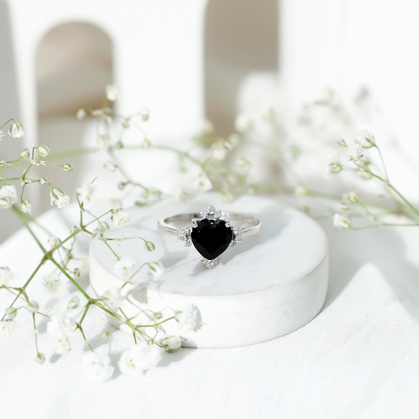1 CT Heart Shape Black Onyx Solitaire Promise Ring with Diamond Accent