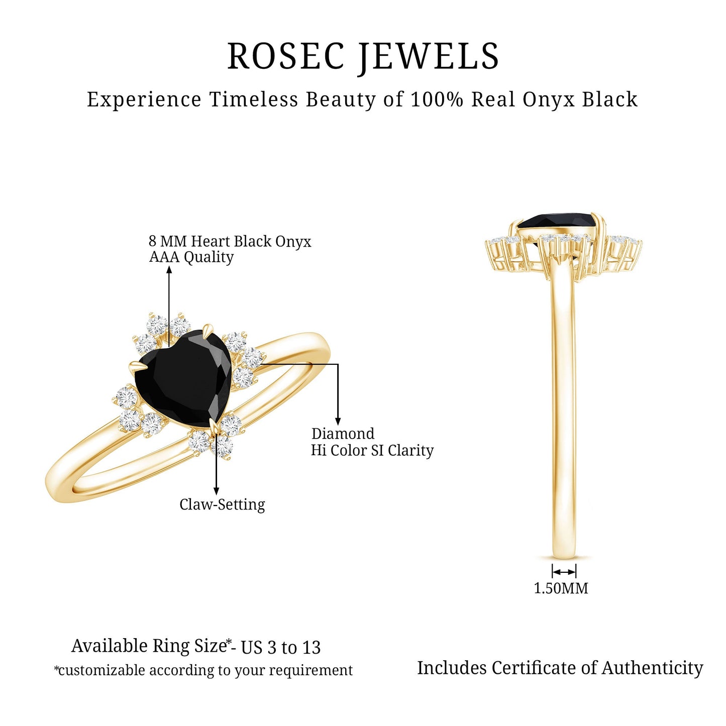 1 CT Heart Shape Black Onyx Solitaire Promise Ring with Diamond Accent