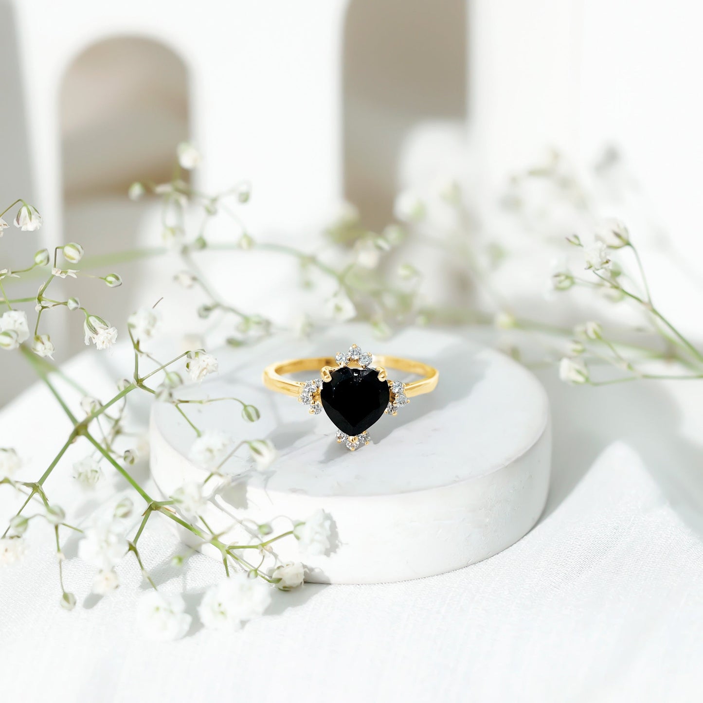 1 CT Heart Shape Black Onyx Solitaire Promise Ring with Diamond Accent