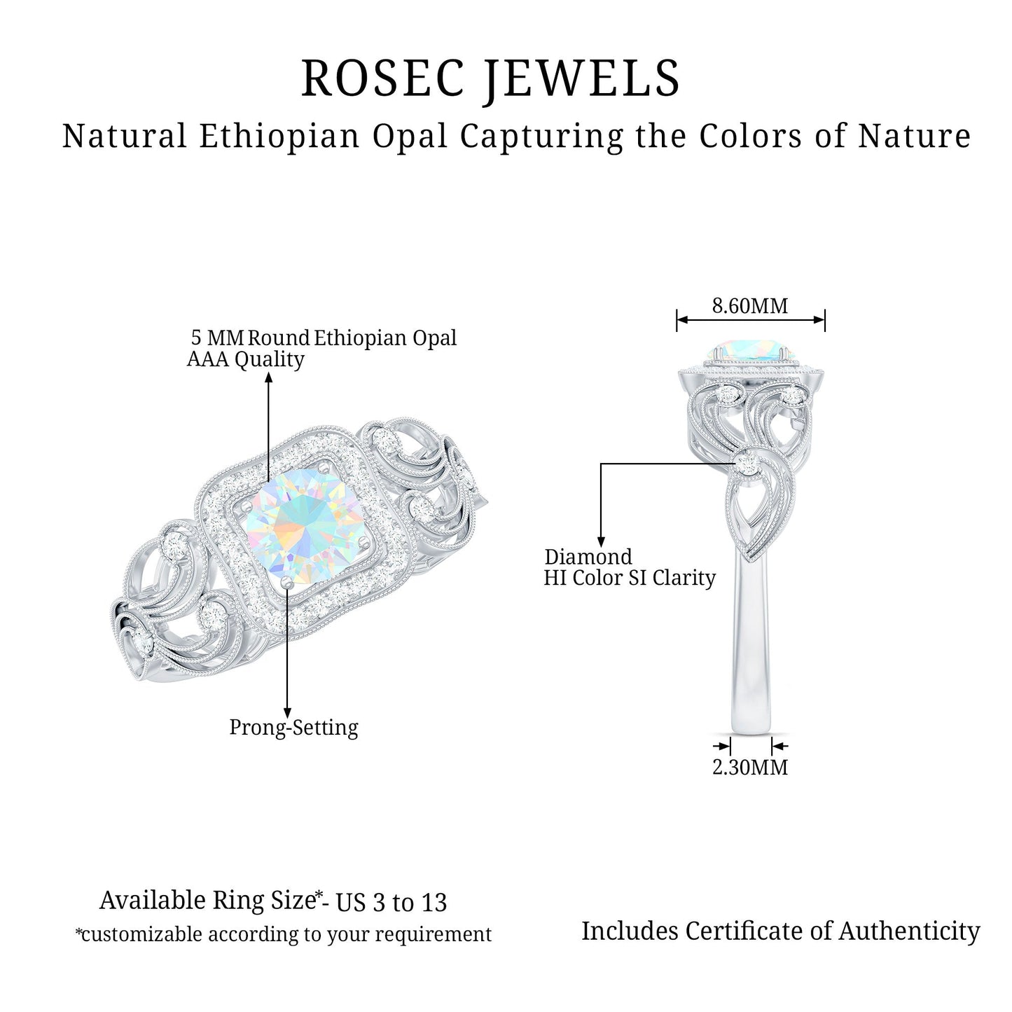 Certified Real Ethiopian Opal Retro Engagement Ring with Diamond