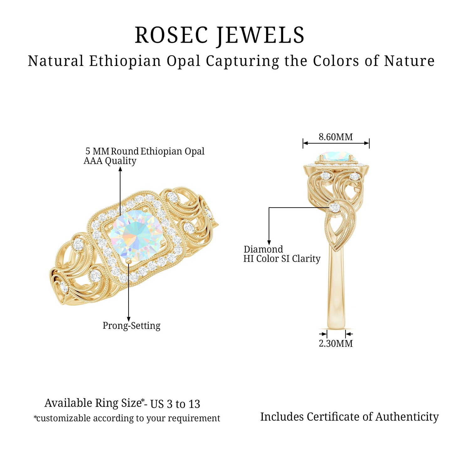 Certified Real Ethiopian Opal Retro Engagement Ring with Diamond