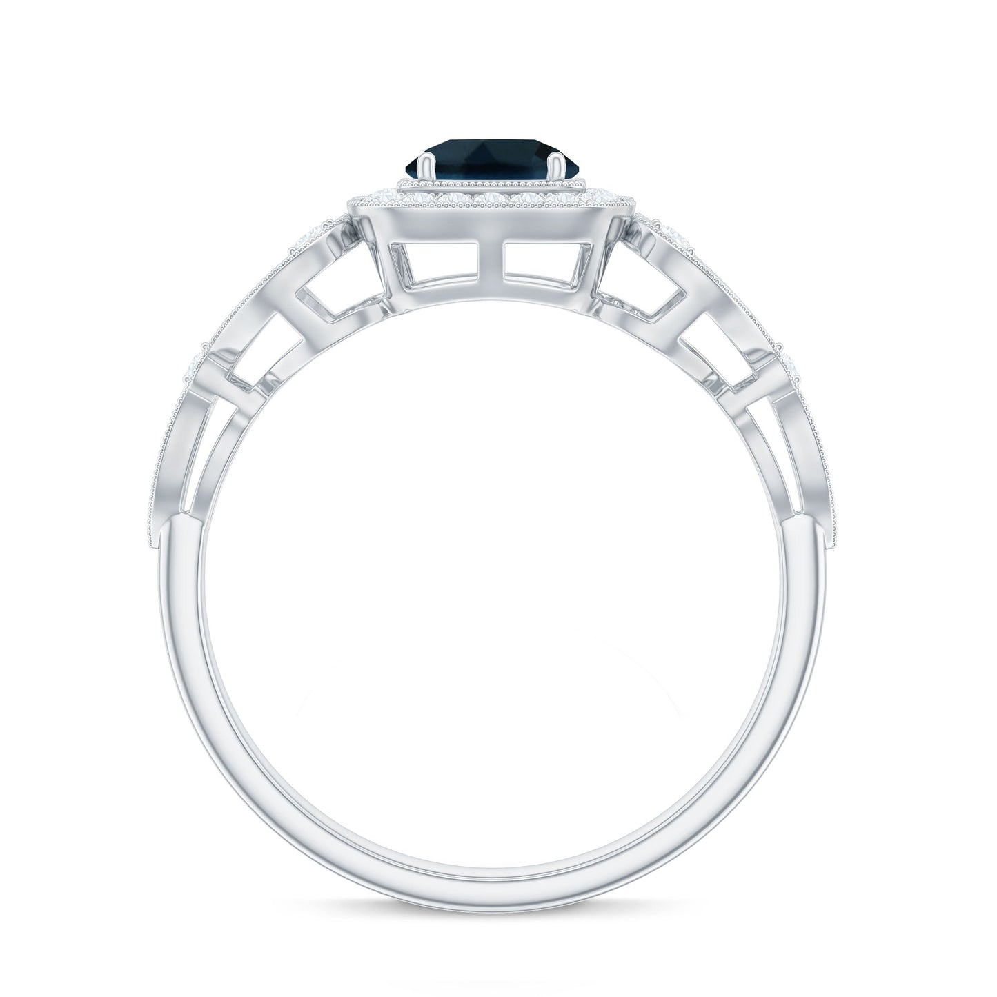 Certified London Blue Topaz Art Deco Engagement Ring with Diamond Halo